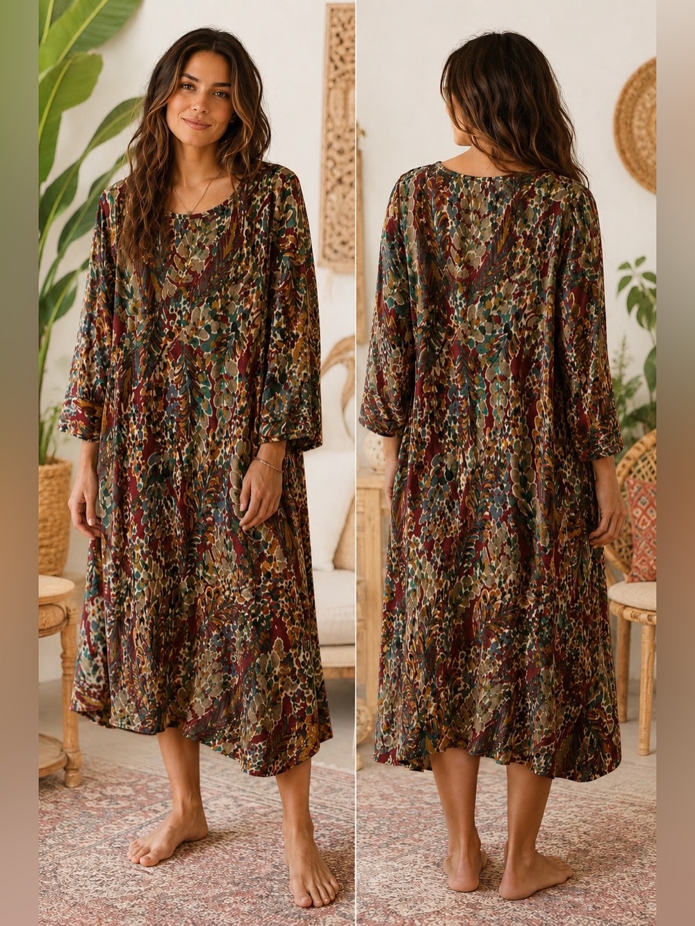 Beeson River Boho Multicolor Earthy Botanical 70’s Floral Midi Dress X Large